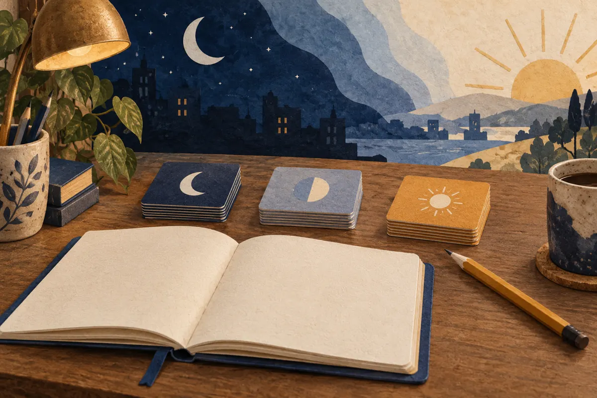 Ilustracja zeszytu i kart z zadaniami na tle przejścia od nocy do poranka, symbolizująca naukę przy zmiennym grafiku.