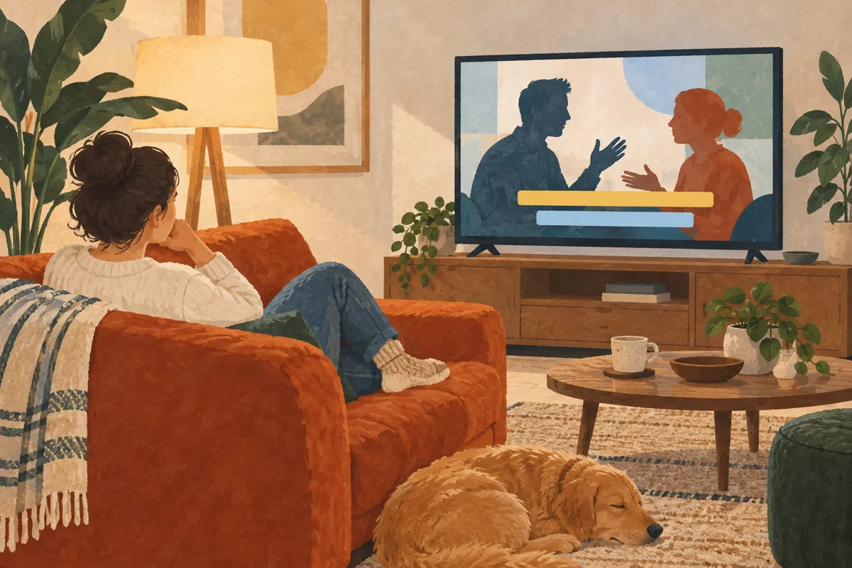 Ilustracja osoby oglądającej film z napisami na telewizorze.