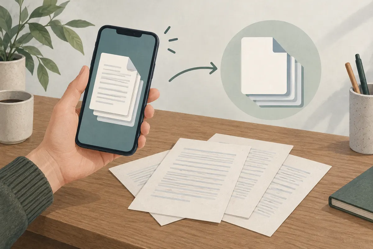 Ilustracja telefonu skanującego kilka kartek do jednego pliku